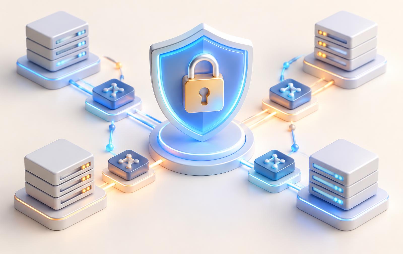 Shield and padlock protecting connected servers