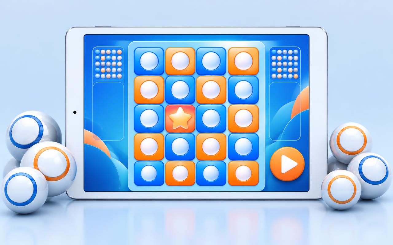 Floating bingo balls, game cards and a live game show screen